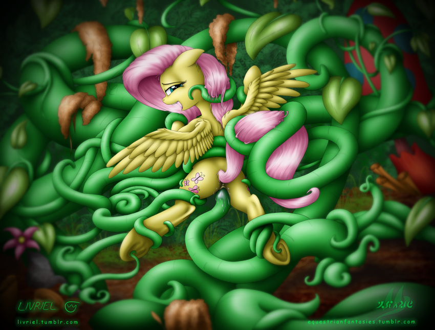 2014 anus ass collaboration cutie_mark drake_drachenlicht equine everfree_forest female feral fluttershy_(mlp) friendship_is_magic fur green_eyes hair hooves livriel long_hair looking_at_viewer looking_back mammal my_little_pony open_mouth outside pegasus penetration pink_hair pussy pussy_juice restrained smile smirk solo spread_legs spreading tentacle underhoof vaginal_penetration wet wet_pussy wings yellow_fur