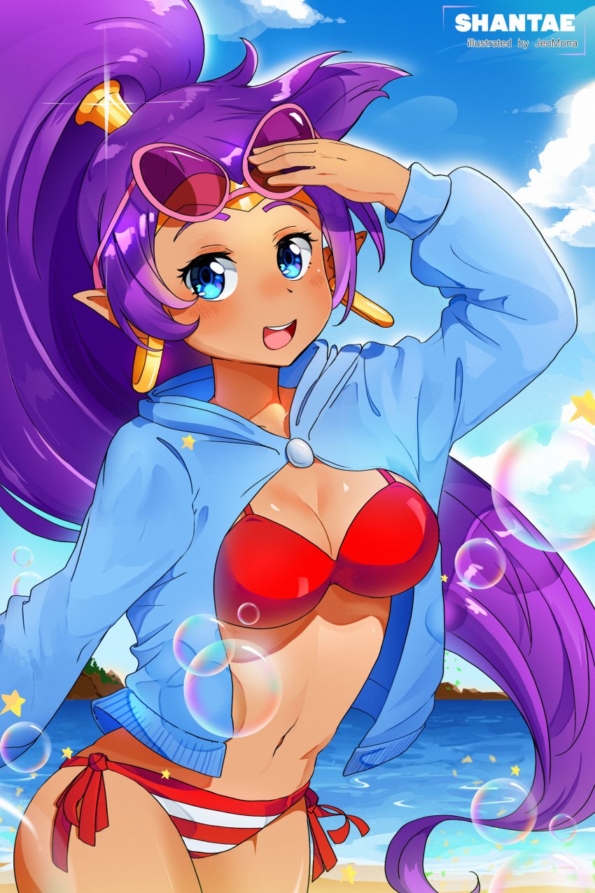 1girls beach bikini blue_eyes blue_jacket breasts clouds earrings hoop_earrings jacket jeomona looking_at_viewer medium_breasts midriff navel ocean outside ponytail purple_hair red_bikini red_swimsuit shantae shantae_(character) side-tie_bikini side-tie_swimsuit sky striped_bikini striped_swimsuit sunglasses sunglasses_on_head swimsuit tiara water white_bikini white_swimsuit