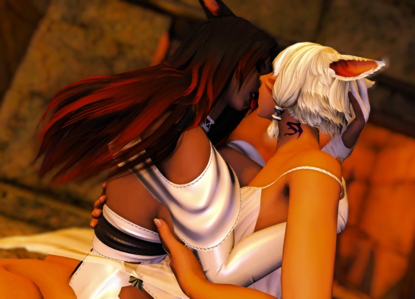 2girls chimney closed_eyes clothed dark-skinned_female dark_hair final_fantasy_xiv gpose(ffxiv) hand_on_breast hand_on_head kissing making_out original_character see-through see-through_clothing tongue tongue_out white_hair y'shtola yuri