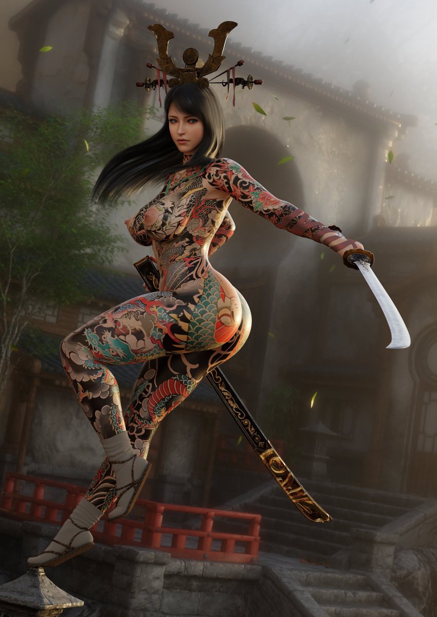 1girls 3d 3d_(artwork) areolae breasts crown female female_focus female_only footwear full_body_tattoo hi_res high_resolution highres human irezumi kiku_(skyarsenic) large_breasts long_hair naked_footwear nipples nudist pale_skin scabbard skyarsenic solo solo_female solo_focus sword tabi tattoo tattoo_on_arm tattoo_on_belly tattoo_on_chest tattoo_on_legs tattooed_arm tattooed_female tattoos weapon