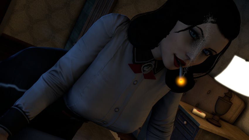 3d big_breasts bioshock bioshock_infinite black_hair blue_eyes breasts burial_at_sea busty cigarette dinoboy555 elizabeth_comstock elizabeth_comstock_(burial_at_sea) female female_focus hourglass_figure large_breasts long_hair makeup pale-skinned_female pale_skin tagme wide_hips