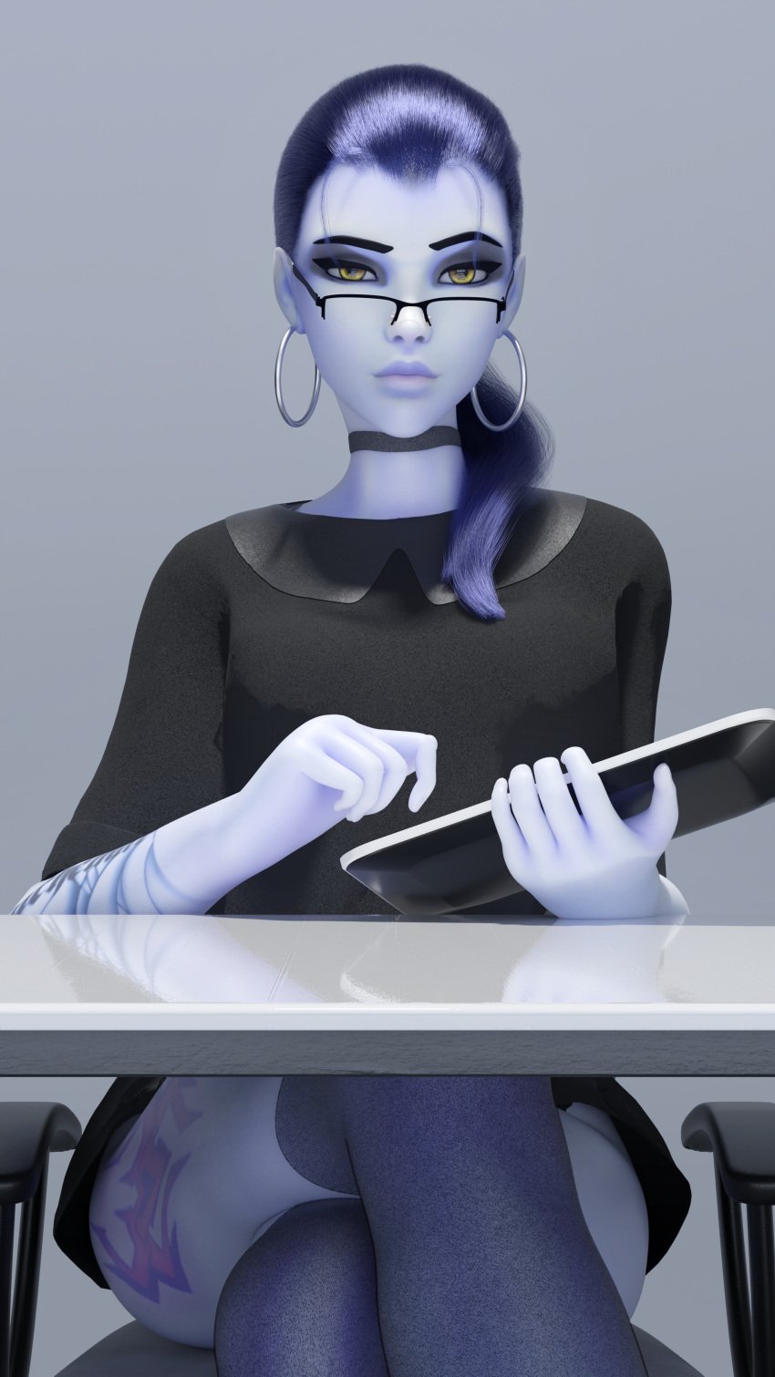 3d 3d_(artwork) 3d_model 4k 4k_resolution amelie_lacroix blizzard_entertainment chair clothing crossed_legs earrings eye_contact female female_focus female_only glasses high_resolution highres image_set legwear looking_at_viewer neckwear nuttycravat office_clothing office_lady overwatch overwatch_2 ponytail purple_skin seductive seductive_eyes seductive_look sitting sitting_on_chair solo solo_focus stockings tattoo tattoo_on_thigh tattooed_arm tattoos thighhighs thighs widowmaker yellow_eyes