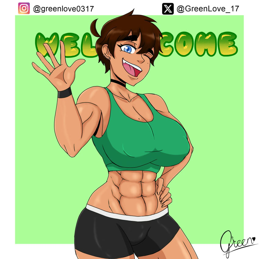 1girls abs beauty_mark big_breasts dark-skinned_female dark_skin greenlove mole_on_breast mole_under_eye muscular_female oc original_character short_hair smile tagme tanned tanned_female tomboy