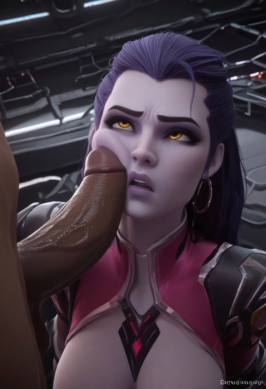 1boy 1girls 3d 3d_(artwork) ai_generated angry blacked blender blizzard_entertainment bodysuit breasts cheating dark-skinned_male earrings eyeliner female imminent_oral interracial large_breasts large_penis looking_up open_mouth overwatch overwatch_2 penis penis_on_cheek purple_hair queen_of_spades veiny_penis widowmaker yellow_eyes