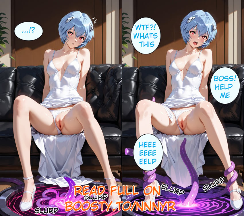 after_masturbation ai_generated ayanami_rei blue_hair comic_page doujinshi dress dress_lift heart-shaped_pupils magic_circle magic_portal manhwa neon_genesis_evangelion nnnyr portal_sex pussy rei_ayanami sitting spread_legs surprised tentacle tentacle_monster vagina visible_pussy visible_underwear webcomic white_skin