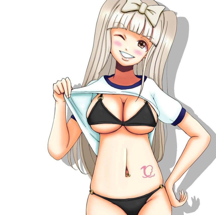 bagmozzarella belly_button_piercing bikini blush breasts d4dj flashing logo shiratori_kurumi shirt swimsuit tatoo