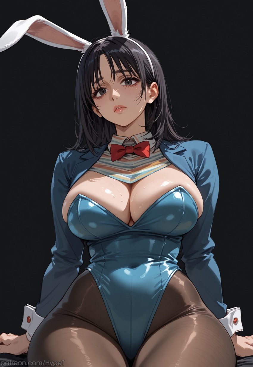 ai_generated anya_(mouthwashing) big_breasts black_hair bunny_ears bunnysuit hypet messy_hair mouthwashing mouthwashing_(game) shiny_skin sitting tagme thick thick_ass thick_legs thick_thighs thigh_highs thighhighs thighs tired_eyes wide_hips