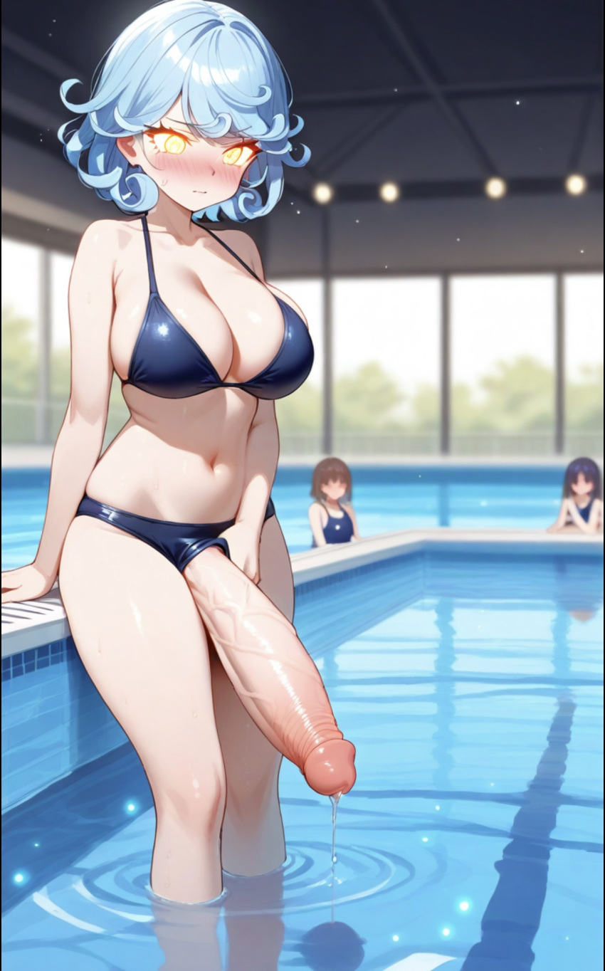 1futa ai_generated blue_hair blush futanari huge_breasts huge_cock pool swimsuit zynai