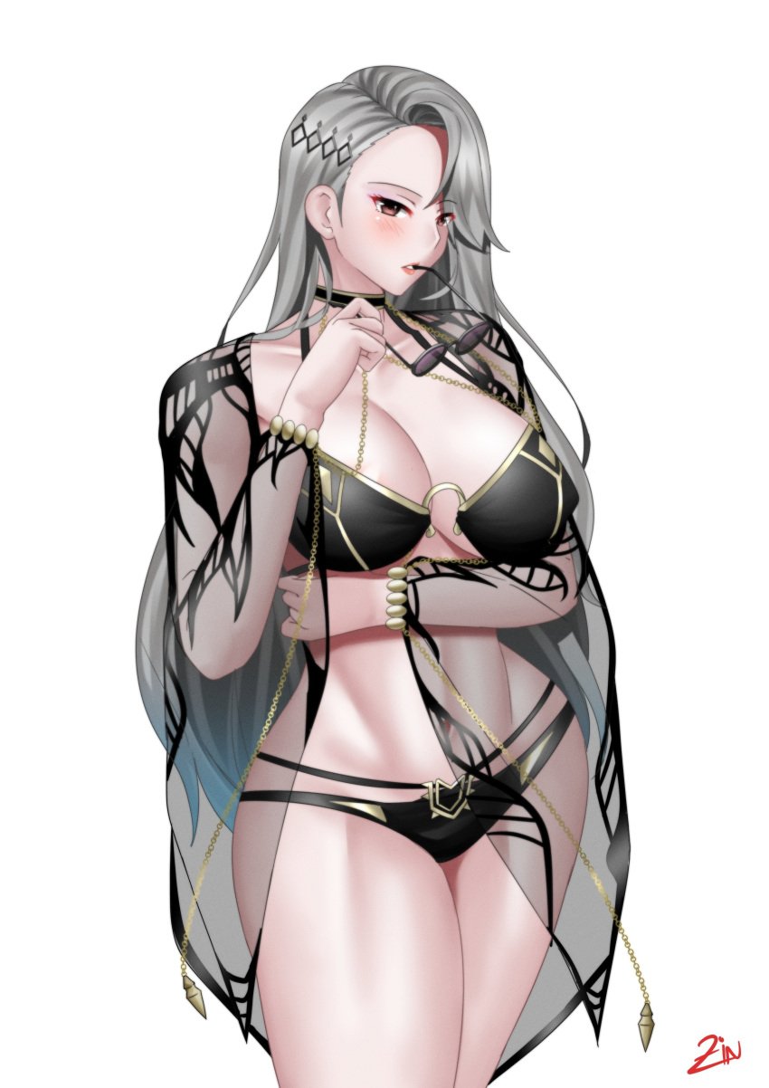 1girls atlus big_breasts bikini biting_glasses breasts carmilla_(fate)_(cosplay) carmilla_(swimsuit_rider) cosplay fate/grand_order fate_(series) female female_only grey_hair huge_breasts large_breasts light-skinned_female long_hair megami_tensei persona persona_5 sae_niijima silver_hair solo sunglasses swimsuit zinfian