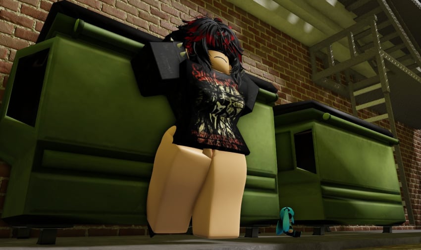 alleyway anoddtoaster arms_behind_head black_body covered_breasts covered_eyes dumpster female_focus female_only hatsune_miku leaning_back oc pantsless red_hair roblox roblox_avatar roblox_studio robloxian solo_female thick_thighs