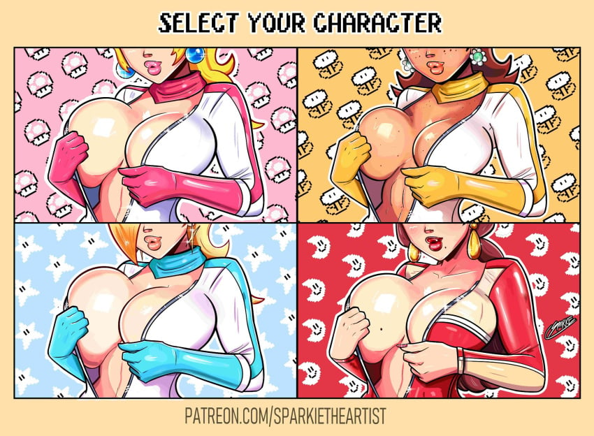 big_breasts bodysuit breasts earrings female large_breasts mario_(series) mario_kart nintendo pauline pauline_(mario) princess_daisy princess_peach princess_rosalina sparkietheartist sweat sweaty_breasts thick_lips unzipped_bodysuit