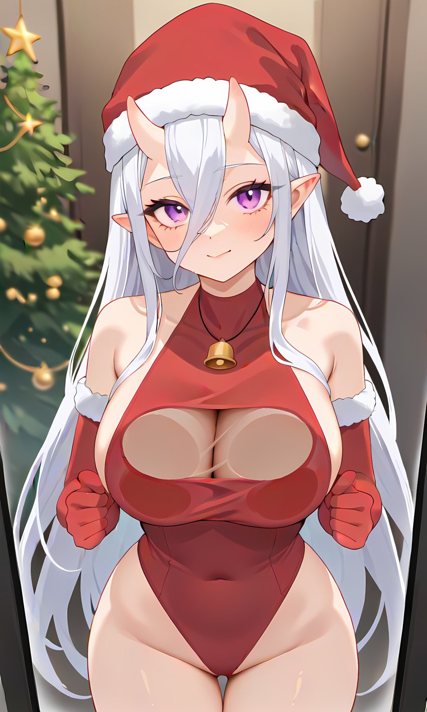 1girls ai_generated atuqai big big_breasts christmas christmas_outfit christmas_tree dinosaur_girl dress fanart female horns horny_female long_hair merry_christmas rawr_rina vtuber white_hair