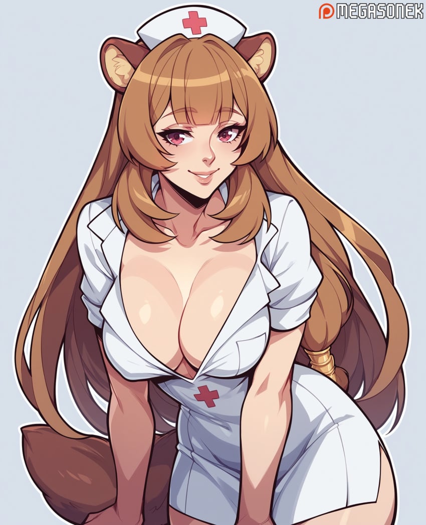 ai_generated animal_ears bangs blunt_bangs blush breasts brown_hair cleavage collarbone cowboy_shot dress female hat large_breasts leaning_forward lips long_hair looking_at_viewer megasonek nurse nurse_cap parted_lips patreon_username raccoon_ears raccoon_girl raccoon_tail raphtalia red_eyes short_sleeves simple_background smile solo tail tate_no_yuusha_no_nariagari the_rising_of_the_shield_hero very_long_hair watermark