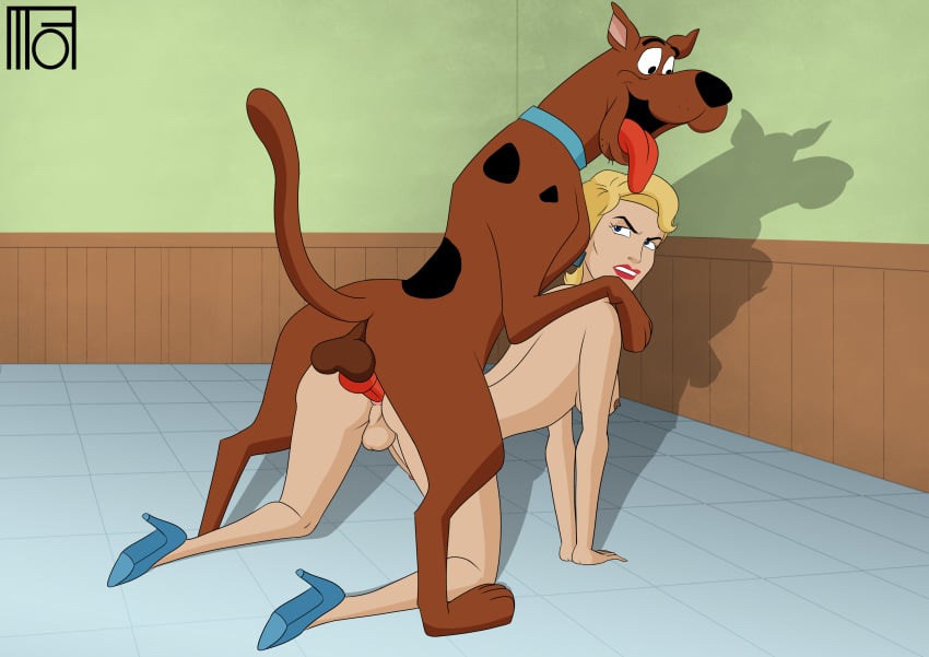 1boy 1futa all_fours anal anal_insertion anal_sex anal_sex blonde_female blonde_hair blue_eyes blue_heels brown_fur canine cartoon_network dick dickgirl dog_ears dog_knot doggy_style futanari hanna-barbera kitchen male_on_futa moffoffo penis scooby-doo scooby-doo_(character) scooby-doo_on_zombie_island simone_lenoir tongue_out zoophilia zoophilia