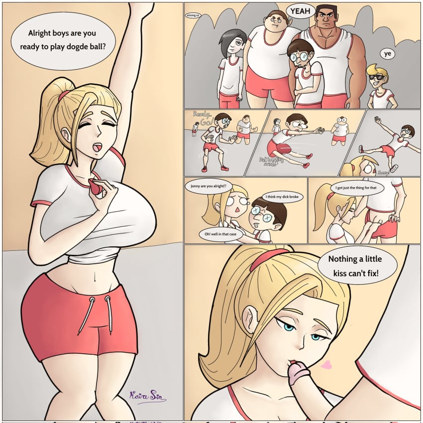 5boys big_breasts big_penis blonde_female blonde_hair blonde_hair blonde_hair_female breasts breasts_bigger_than_head comic dodgeball female glasses gym_teacher gym_uniform huge_breasts kairasin nerd nerdy nerdy_male penis penis_kiss penis_kissing speech_bubble teacher teacher_and_student text text_bubble