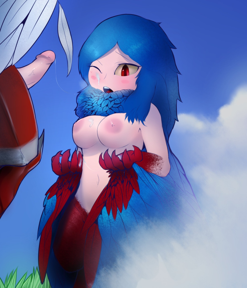 1boy 1girls after_sex avian blue_hair breasts cloud cum cum_on_breasts cum_on_face cum_on_hands feathers female hair harpy harpy_(terraria) male monster_girl naked naked_female navel nipples nude nude_female outside penis plantpenetrator red_eyes terraria wings