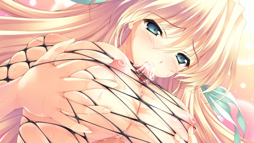 blonde_hair blush breast_grab breasts censored cum ermalit_de_blanchefort female fishnet_top fishnets game_cg green_eyes hair_ribbon huge_breasts long_hair love_2_quad naruse_hirofumi nipples paizuri penis ribbon skindentation solo wet