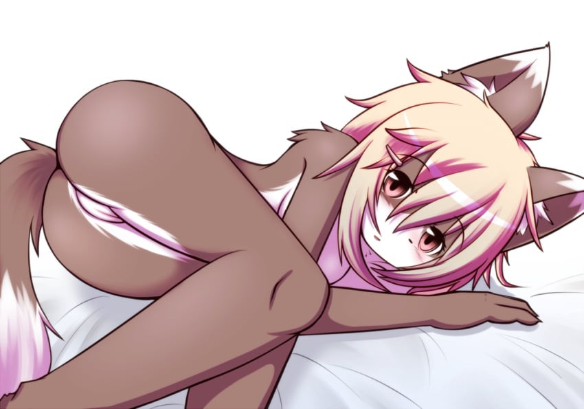 anthro blonde_hair breasts cameltoe canine female fox fur furry hair hanea looking_at_viewer lying mammal on_side presenting pussy red_eyes solo