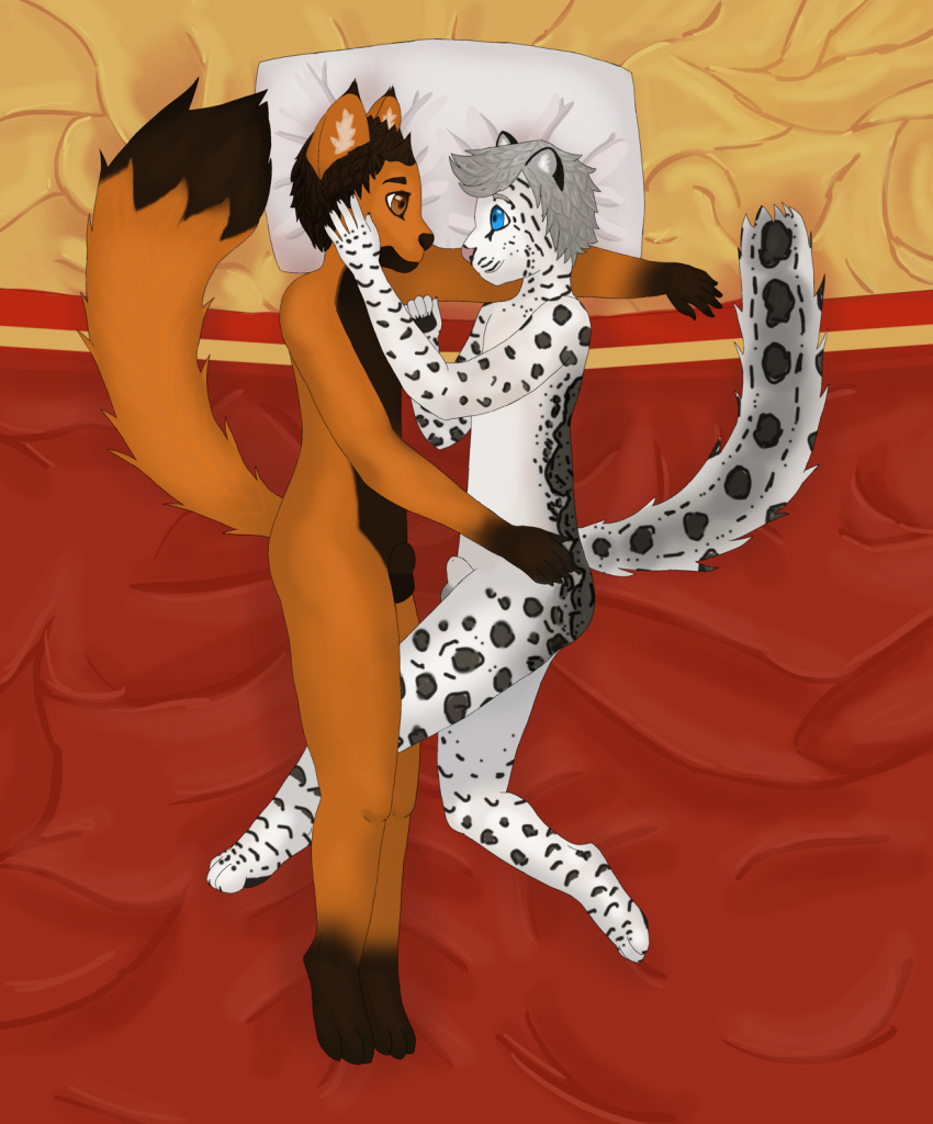 anthro bed blue_eyes brown_eyes canine cuddling cute feline fox fur furry interspecies leopard mammal mushbun pillow sheath snow_leopard