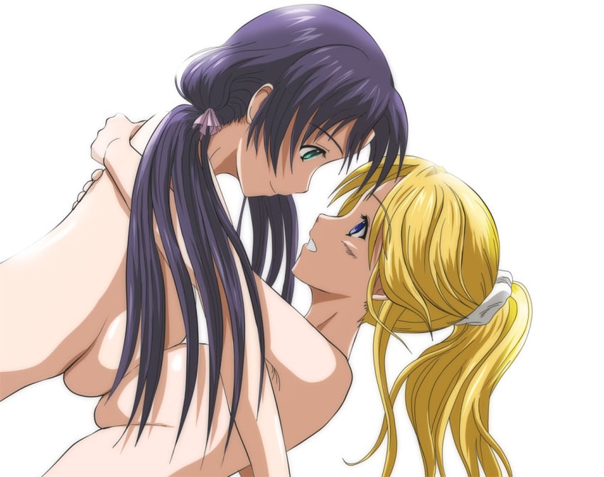 2girls ayase_eli blonde_hair blue_eyes breast_press breasts dutch_angle eye_contact face-to-face female female_only green_eyes hug human long_hair looking_at_another love_live! love_live!_school_idol_project multiple_girls nude ponytail purple_hair simple_background smile symmetrical_docking tied_hair topless toujou_nozomi twintails white_background yuri yuuk33