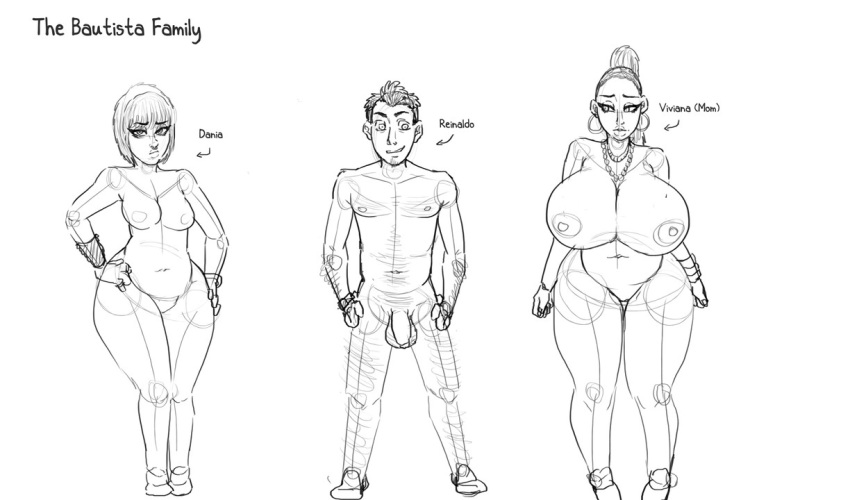 1boy 2girls age_difference ass breasts chubby compression_artifacts contingency dania_bautista female flaccid gigantic_breasts hips huge_ass huge_breasts large_breasts large_penis looking_at_viewer male milf model_sheet monochrome nipples original_character penis plump reinaldo_bautista sketch testicles text the_bautistas thick_thighs thighs viviana_bautista wide_hips