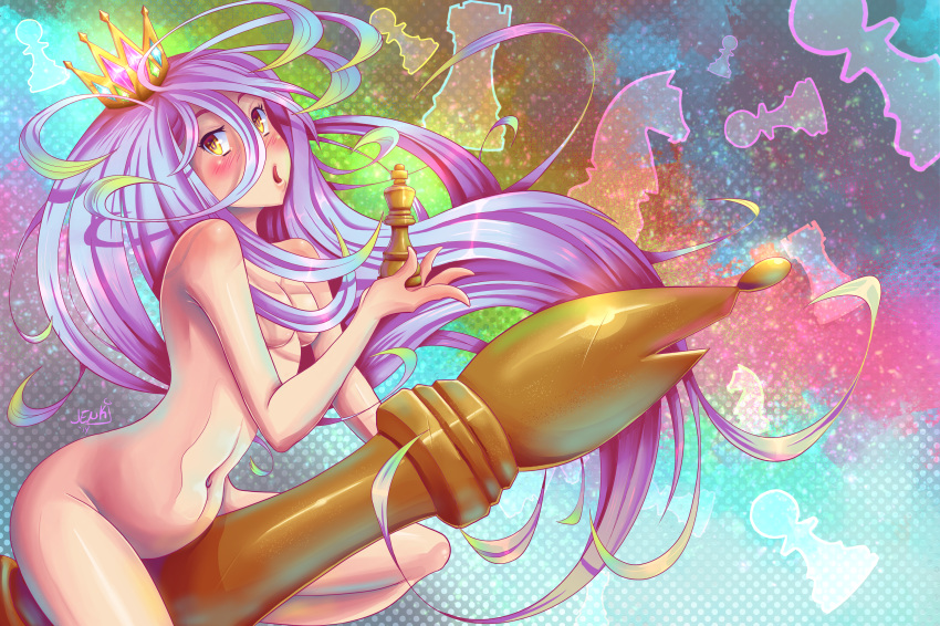 1girls bishop_(chess) blush breasts chess chess_piece crown da-jenki female female_only hair_censor hair_over_breasts highres huge_filesize long_hair looking_away multicolored_hair navel no_game_no_life nude open_mouth shiro_(no_game_no_life) sitting solo very_long_hair yellow_eyes