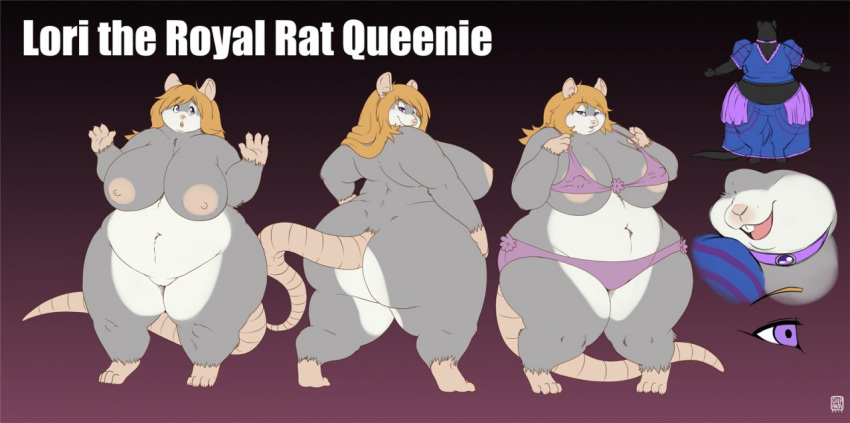 anthro ass big_breasts bra breasts buckteeth choker clothed clothing dress female fur furry gillpanda huge_ass lori mammal model_sheet nipples nude obese overweight panties pussy raised_tail rat rodent smile solo standing underwear