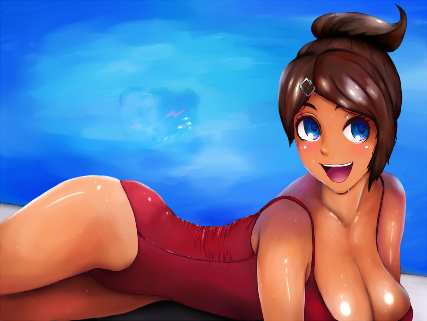 asahina_aoi blue_eyes brown_hair cleavage clothed danganronpa danganronpa_1 fanibani female on_stomach open_mouth ponytail smile solo straight_hair swimsuit tied_hair