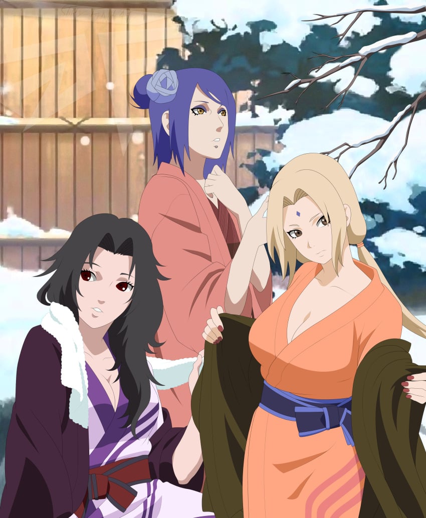 3girls absurdres accurate_art_style alternate_costume black_hair blonde_hair blue_hair breasts brown_eyes busty cleavage curly_hair facial_mark forehead_mark highres japanese_clothes kimono konan kurenai_yuhi labret_piercing large_breasts long_hair mature mature_female milf multiple_girls naruto naruto_(series) naruto_shippuden no_bra red_eyes short_hair sitting snow standing stiky_finkaz towel towel_around_neck tsunade twintails undressing yukata yuuhi_kurenai