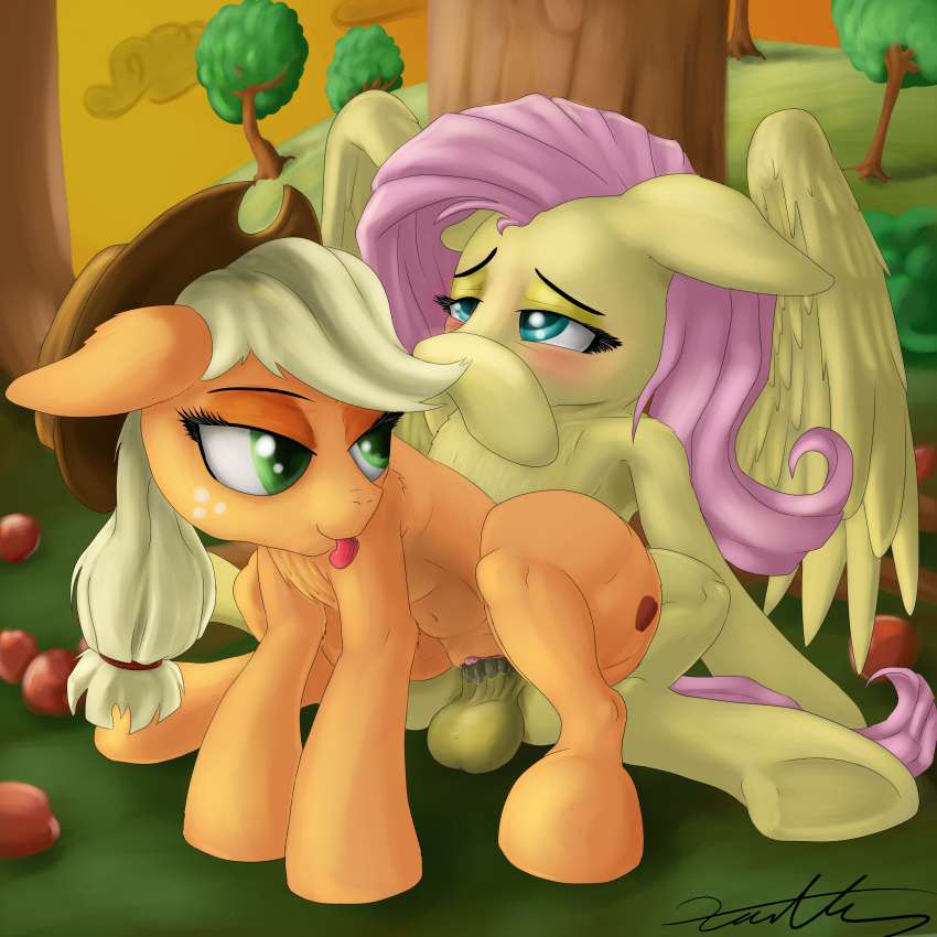 2014 absurdres apple applejack_(mlp) blonde_hair blush cowboy_hat cutie_mark duo earth_pony equine female feral fluttershy_(mlp) freckles friendship_is_magic fruit fur furry futa_on_female futanari green_eyes hat highres hooves horse intersex long_hair lying mammal my_little_pony on_back ongue orange_fur outdoors pegasus pink_hair pony resting sex spread_legs spreading testicles tongue tongue_out tree vaginal_penetration wings xanthor yellow_fur