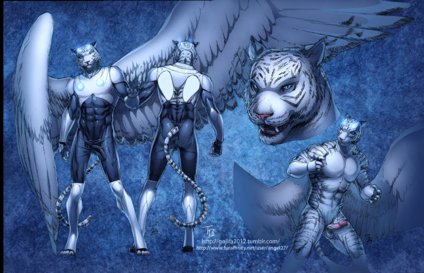 2014 abs abstract_background angel27 battlesuit black_fur blue_eyes erection eyewear feline fur goggles male mammal model_sheet muscles pecs penis standing suit tiger white_fur white_tiger wings