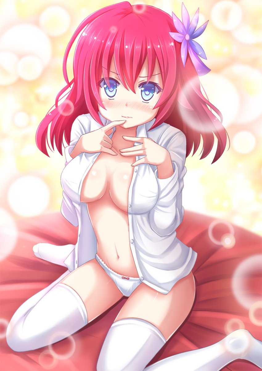 bangs blue_eyes blush bow bow_panties breast_suppress breasts breasts_apart center_opening collarbone cushion deviantart female finger_to_mouth flower hair_flower hair_ornament highres kazenokaze lace-trimmed_panties large_breasts lens_flare long_sleeves looking_at_viewer navel no_bra no_game_no_life no_pants open_clothes open_shirt panties partially_undressed pink_hair shiny shiny_hair shiny_skin shirt short_hair sitting solo stephanie_dora thighhighs unbuttoned underwear wariza white_legwear white_panties white_shirt