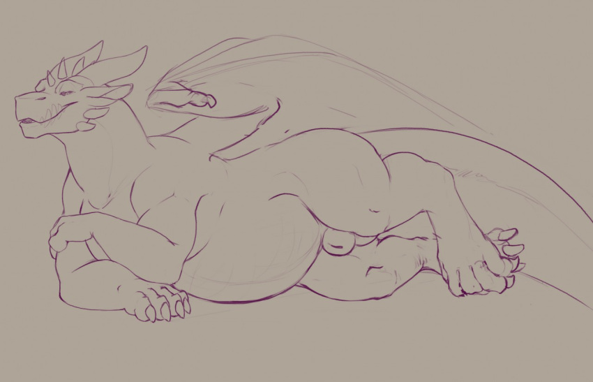 animal_genitalia balls belly big_belly digital_media_(artwork) dragon evalion evalion_(character) lying male male_only monochrome nude sheath sketch smile solo wings