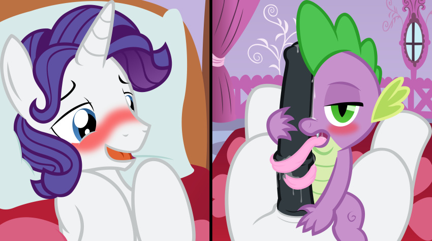 badumsquish barb_(mlp) bed blue_eyes blush dragon equine friendship_is_magic gay green_eyes horn horse interspecies licking lying mammal my_little_pony oral penis rarity_(mlp) rule_63 sex smooth_skin spike_(mlp) tongue