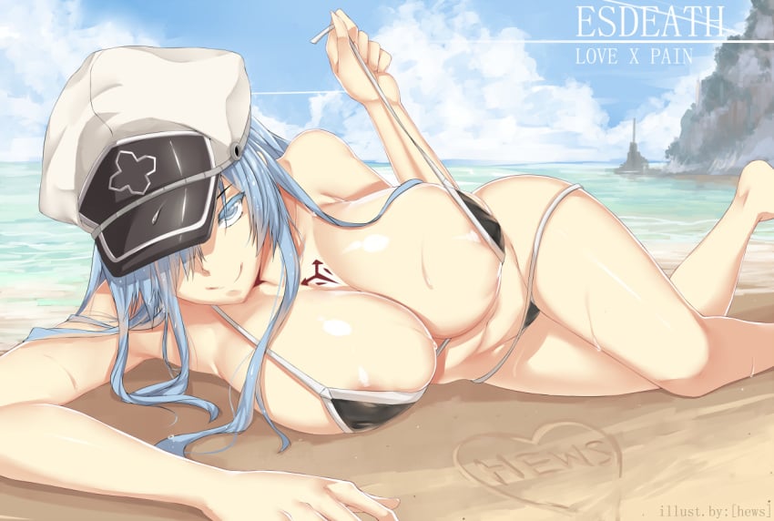 1girls 2014 akame_ga_kill! areolae barefoot beach bikini bikini_pull black_bikini blue_eyes blue_hair breasts character_name cleavage esdeath_(akame_ga_kill!) female female_only hair_over_one_eye hat hat_over_one_eye hews_hack large_breasts long_hair looking_at_viewer lying ocean on_side peaked_cap smile solo strap_pull swimsuit uncensored very_long_hair water