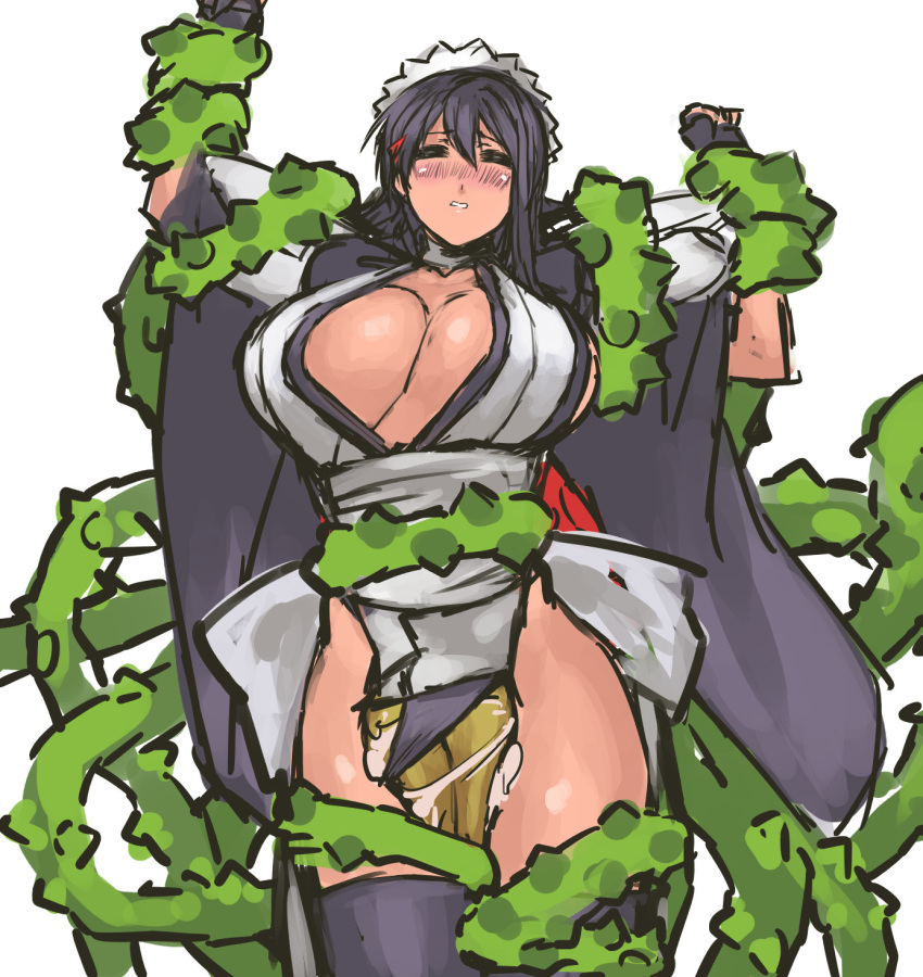 black_hair blush breasts cleavage closed_eyes female full-face_blush hair_ornament hairclip highres huge_breasts iroha japanese_clothes maid_headdress monster nameo_(judgemasterkou) rape restrained rough_sketch samurai_shodown short_hair snk solo_focus tentacle vines