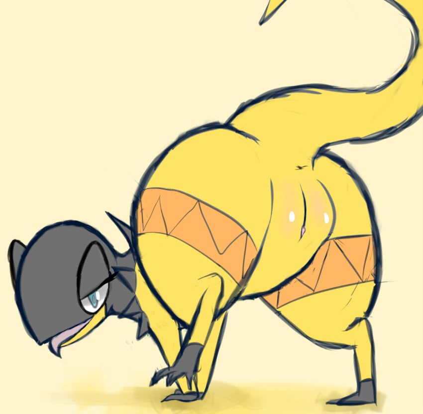 anus ass bent_over female heliolisk looking_at_viewer nintendo pcred566 plain_background pokemon presenting pussy reptile scalie solo tongue tongue_out yellow_background