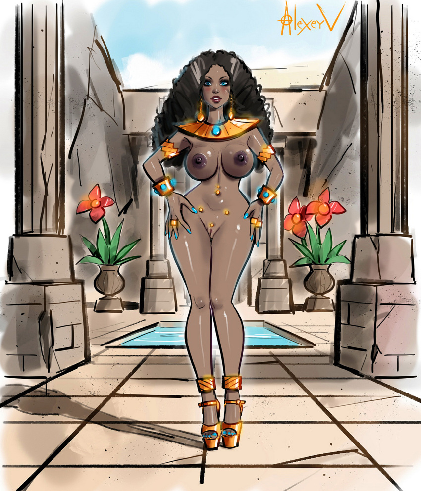 1girls alexeyv armlet blue_eyes blush bracelet brown_hair curly_hair dark-skinned_female egyptian large_breasts long_hair looking_at_viewer navel_piercing neckwear open_toe_shoes original original_character platform_heels pussy shaved_pussy