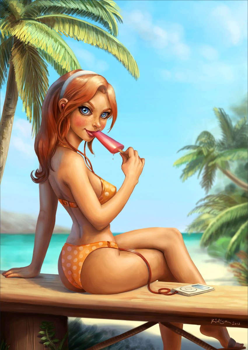 1girls ass bikini blue_eyes blush brown_hair earphones female female_only freckles hairband ipod kimisz long_hair palm_tree popsicle sitting solo tagme