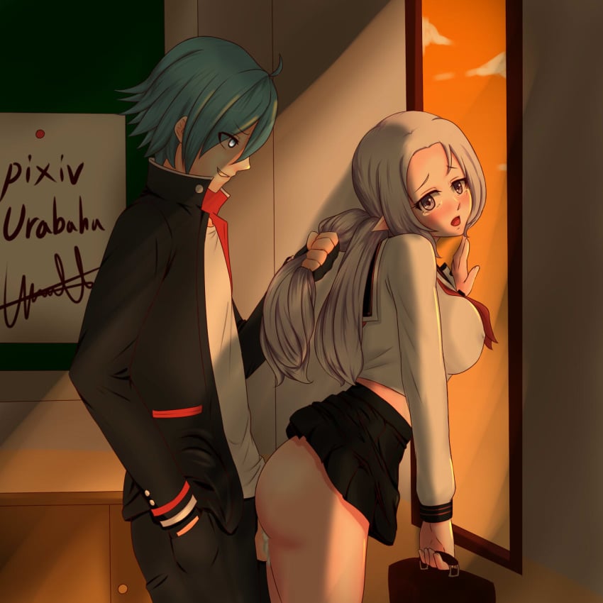 1boy ass blue_hair breasts closers clothed_sex clothing cum female hair_grab large_breasts levia_(closers) long_hair nata_(closers) no_panties pointy_ears school_uniform sex shirt short_hair silver_hair skirt tears