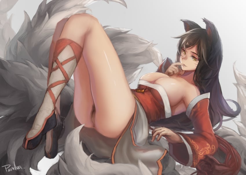 1girls ahri animal_ears anus ass bare_shoulders black_hair breasts cleavage color detached_sleeves facial_mark female female_only finger_in_mouth fox_ears fox_tail fur furry_tail highres humanoid knees_up league_of_legends long_hair looking_at_viewer multi_tail multiple_tails no_panties pandea pandea_work pubic_hair pussy sky_of_morika solo tail whisker_markings