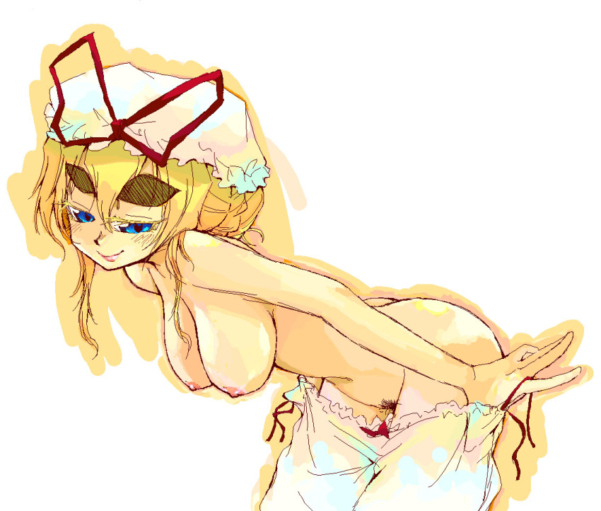 ass blonde_hair bloomers bloomers_(victorian) blue_eyes breasts eyebrows female hands hanging_breasts hat huge_breasts large_breasts lips nipples nude oekaki pubic_hair raina sketch smile solo topless touhou undressing yukari_yakumo