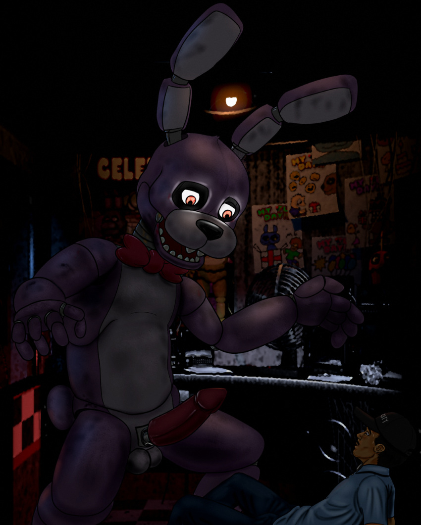 2boys balls bonnie_(fnaf) clothed erection five_nights_at_freddy's gay human johawk lagomorph long_ears machine male male_only mammal mechanical mike_schmidt_(fnaf) multiple_boys night_guard_(fnaf) nude penis rabbit robot security_guard smooth_skin video_games