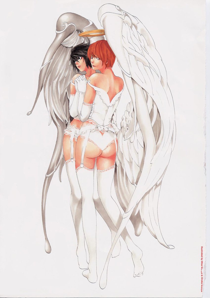 androgynous angel ass bridal_lingerie crossdressing death_note duo elbow_gloves eye_bags femboy garter_belt garters gay gloves highres l_lawliet legs light_yagami lingerie male mizuya_hiroka mizuya_misa monster_boy multiple_boys panties parody scan sissy standing stockings thighhighs trap underwear wings yaoi