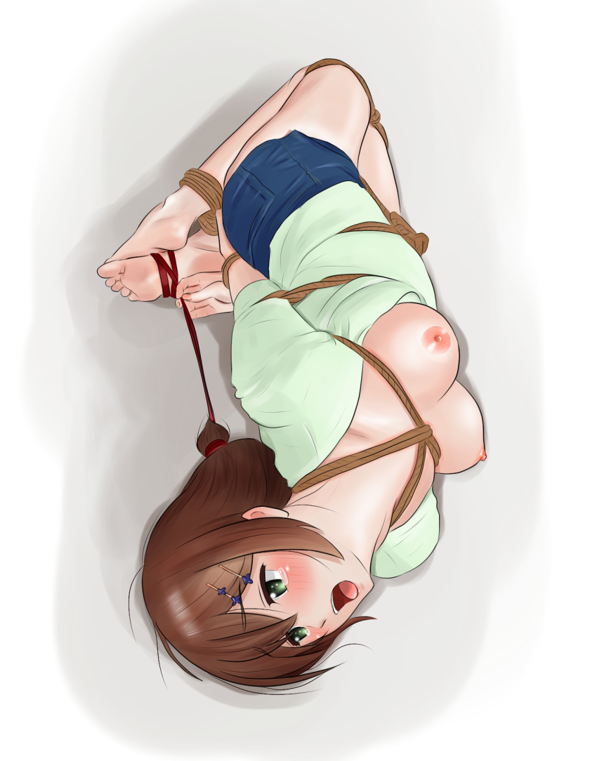 1girls areolae arms_behind_back barefoot blush bondage breasts breasts_out brown_hair feet female femsub green_eyes hogtie lying medium_breasts nipples no_bra on_side open_mouth rope shirow_(mha03133) short_shorts shorts simple_background slow_start soles solo tears tied_up toes tokura_eiko white_background