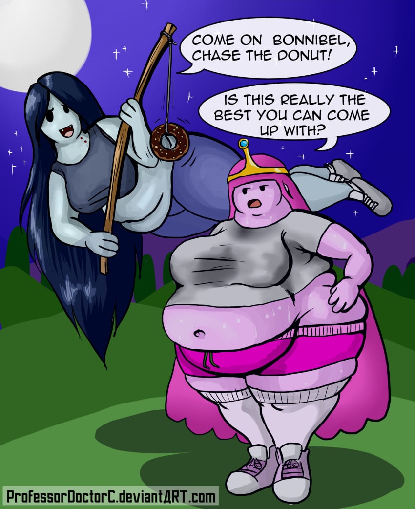 2girls adventure_time chubby female marceline obese pink_hair princess_bubblegum professordoctorc sweat tagme vampire weight_gain