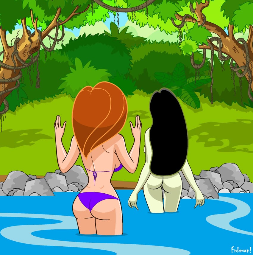 2girls alternate_version_available arms_up artist_name back_view bare_shoulders bikini bikini_bottom bikini_top black_hair busty clothed_female_nude_female curvy day detailed_background disney disney_channel duo female female_only fnbman forest g-string grass hourglass_figure human jungle kim_possible kimberly_ann_possible lake long_hair midriff multiple_females multiple_girls naked nude older orange_hair outdoor outdoors outside partially_submerged rear_view redhead river rock shadow shego shiny shiny_skin standing swimsuit text thong tree voluptuous water wide_hips