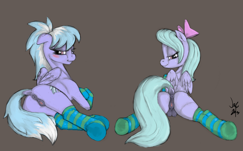 anatomically_correct anatomically_correct_pussy anus ass bedroom_eyes blush cloud_chaser_(mlp) crotchboobs cutie_mark duo equine equine_pussy female flitter_(mlp) friendship_is_magic furry hair jac looking_at_viewer looking_back lying mammal my_little_pony pegasus plain_background presenting pussy smile socks spread_legs spreading two_tone_hair wings