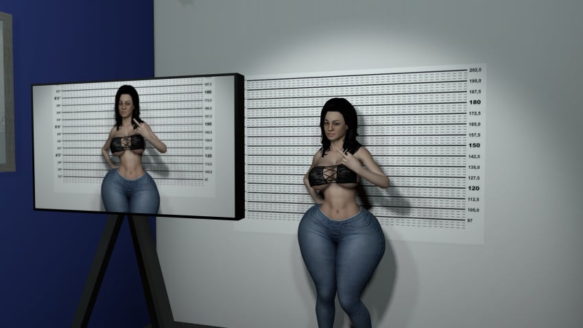 3d ass bandeau big_ass big_breasts big_butt black_hair boobafuta bottom_heavy breasts brown_hair curvy female height_chart huge_ass huge_butt hyper_hips hyper_thighs jeans long_hair mass_effect massive_ass measurements middle_finger miranda_lawson mugshot thick_thighs underboob wide_hips