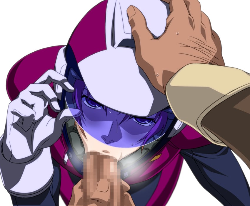 1boy 1girls :>= censored dark-skinned_male fellatio female gundam gundam_unicorn hair hand_on_another's_head headgear helmet looking_at_viewer marida_cruz mosaic_censoring normal_suit oral penis pilot_suit pov pov_eye_contact purple_hair simple_background takapiko white_background zeon